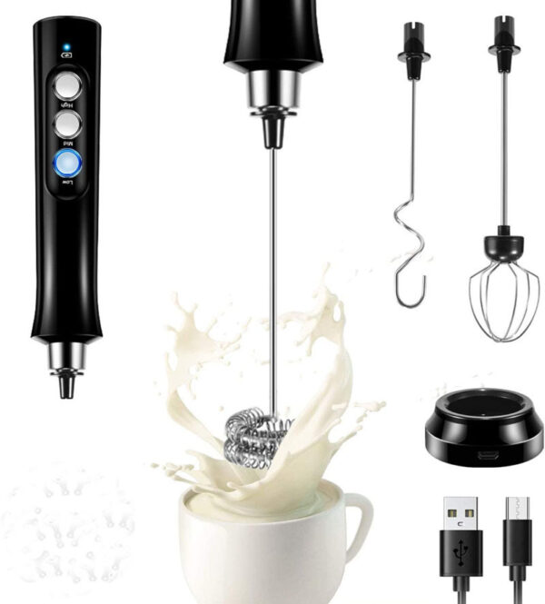 Milk Frother Handheld 3 Speeds Electric Milk Frother by USB Rechargeable with 3 Stainless Whisks - Image 2