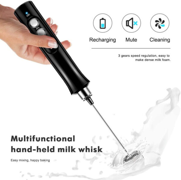 Milk Frother Handheld 3 Speeds Electric Milk Frother by USB Rechargeable with 3 Stainless Whisks - Image 4
