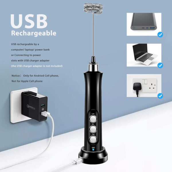 Milk Frother Handheld 3 Speeds Electric Milk Frother by USB Rechargeable with 3 Stainless Whisks - Image 5